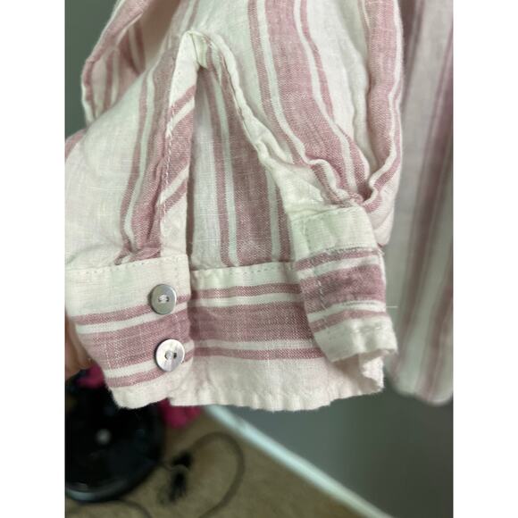 Tahari Tunic Beachy Linen Shirt 1X White Brown Stripe Roll Tab Button Up Casual - Picture 2 of 11